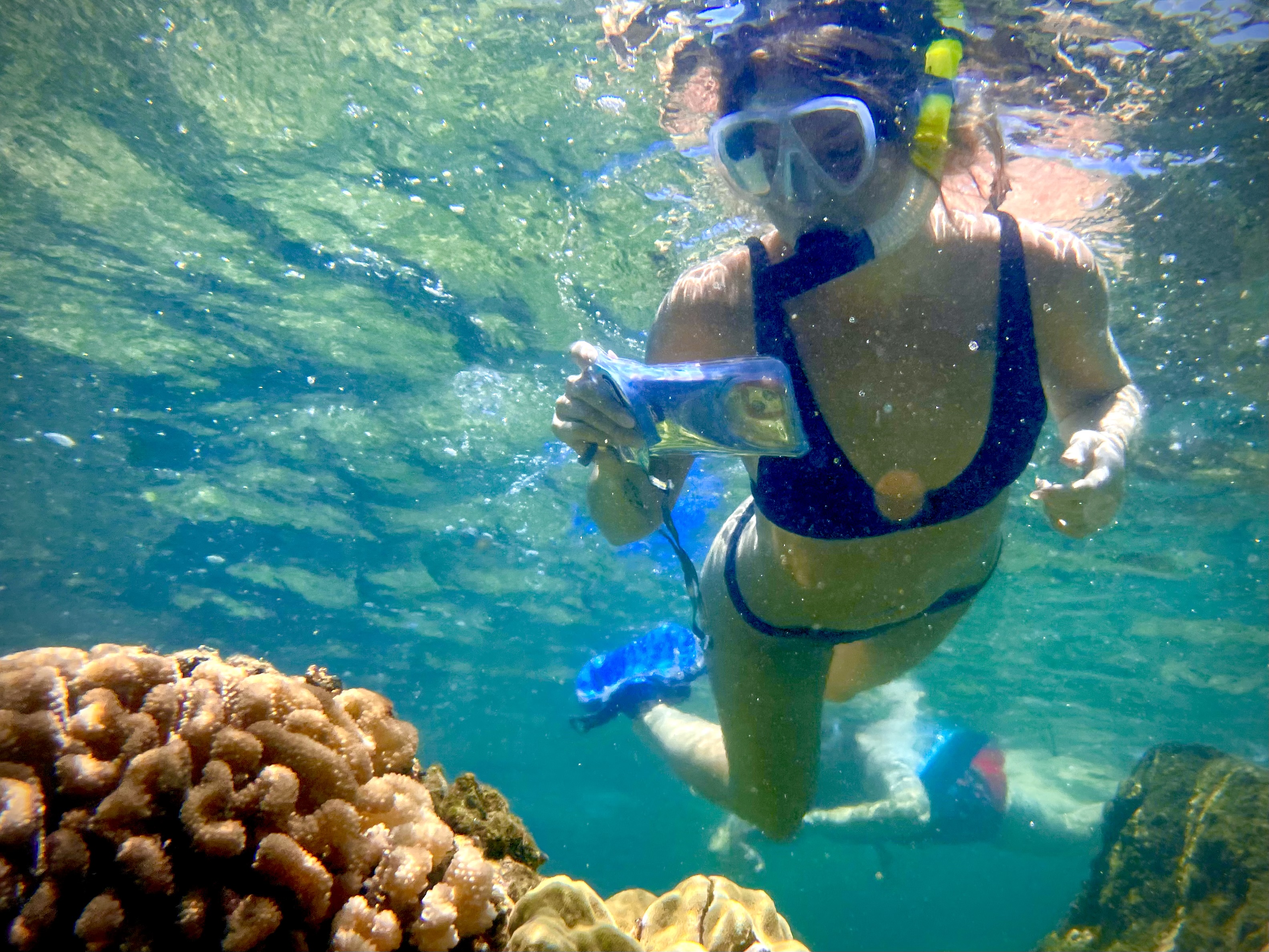 Snorkeler holding a phone in a waterproof case