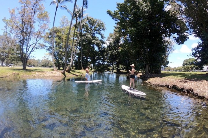 a group of people standing next to a body of water