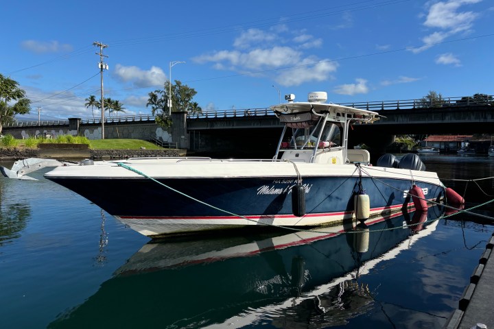 A motorboat docked near a bridge on a sunny day.