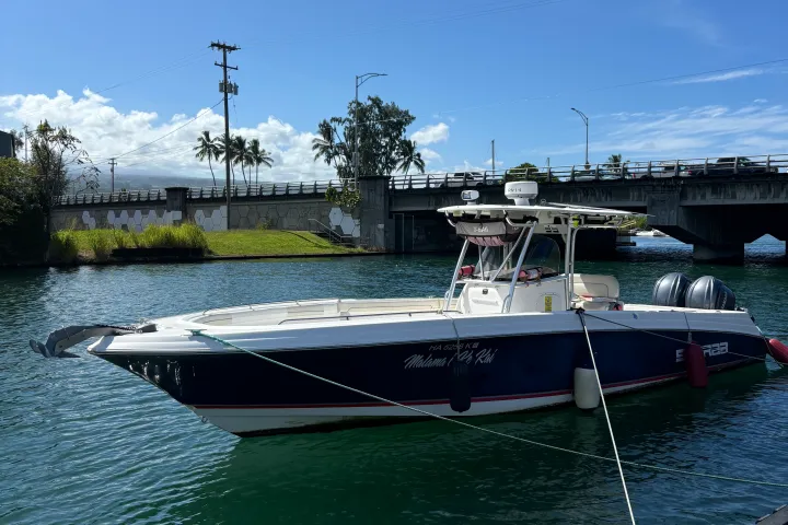 Boat docked by a bridge under clear blue sky with palm trees.