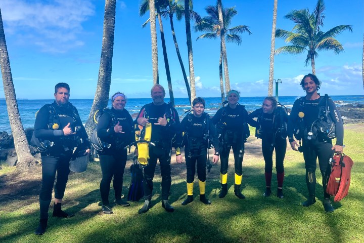 Group of divers in wetsuits stand on grass with palm trees and ocean in background.