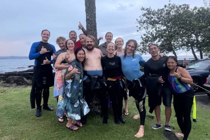 Group of people in wetsuits posing near the sea with a palm tree in the background.