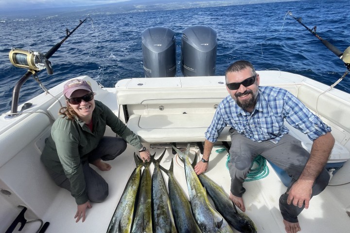 Two people on a boat smiling, with six large fish laid out on the deck.