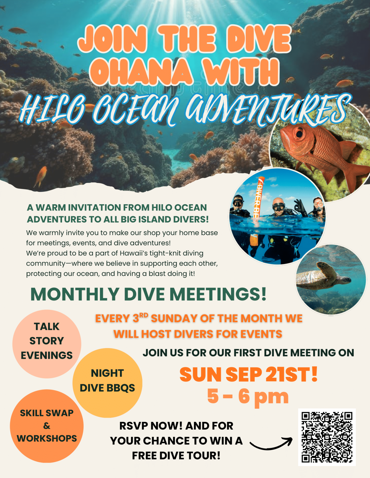 Flyer for Hilo Ocean Adventures with details about monthly dive meetings and RSVP info.