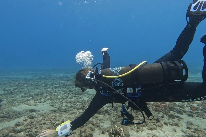 Scuba diver swimming underwater with camera, near the ocean floor among coral and rocks.