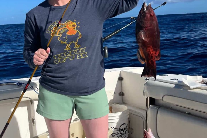 Person on boat holding a fishing rod with two fish, ocean in background.