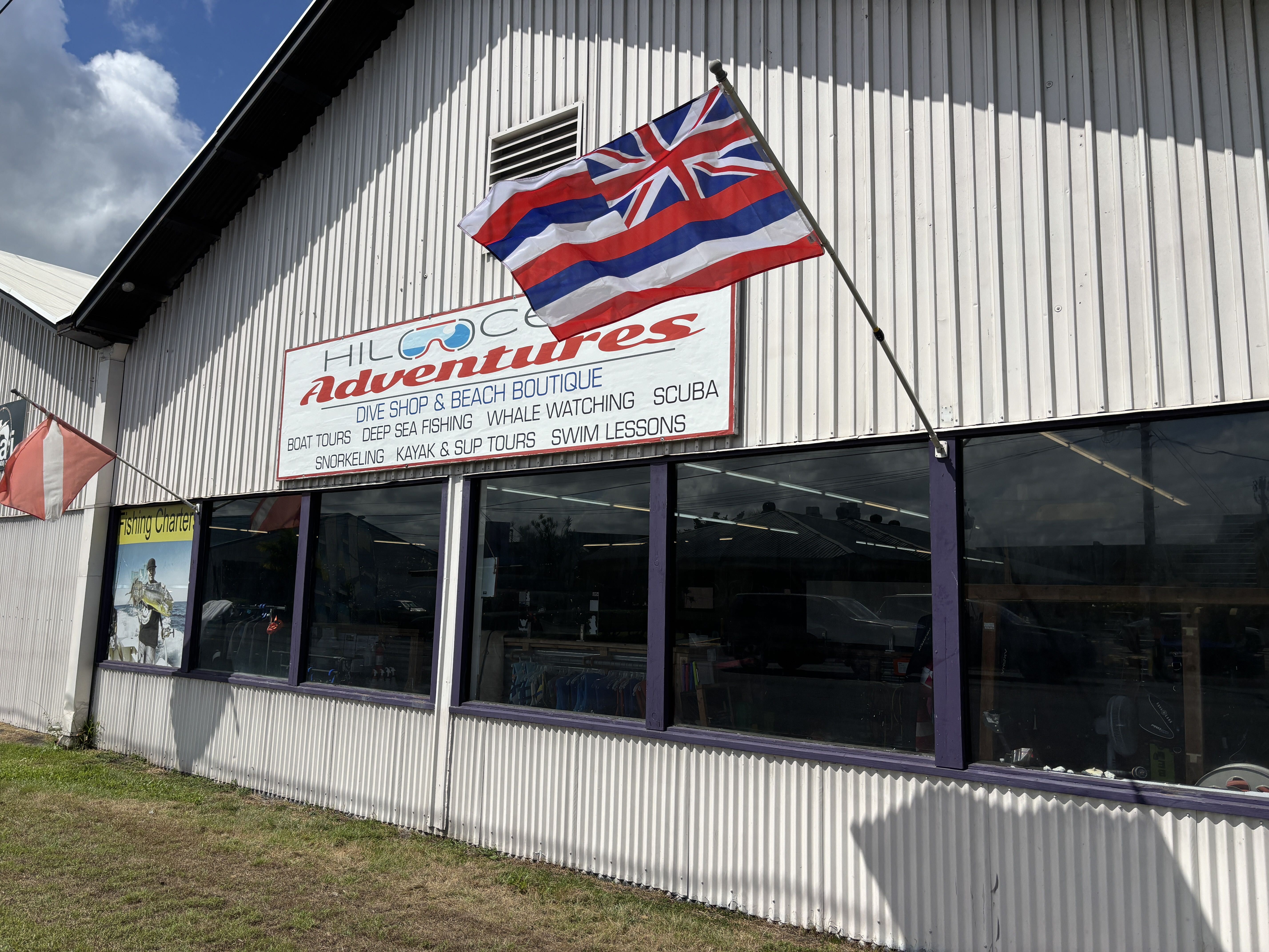 The Hilo Ocean Adventures dive shop and beach boutique on Kamehameha Avenue in Hilo