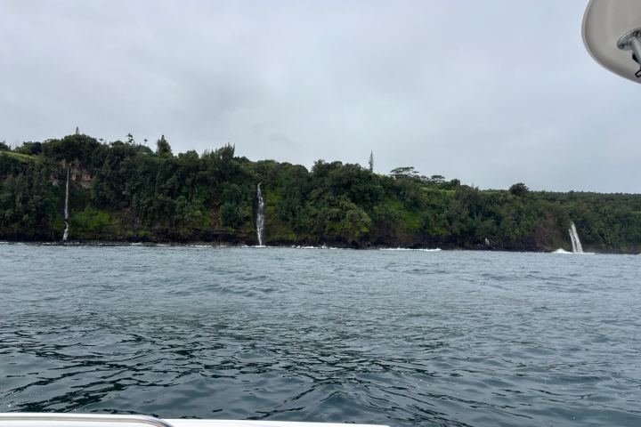 Waterfalls cascading down a lush green cliff into the ocean.